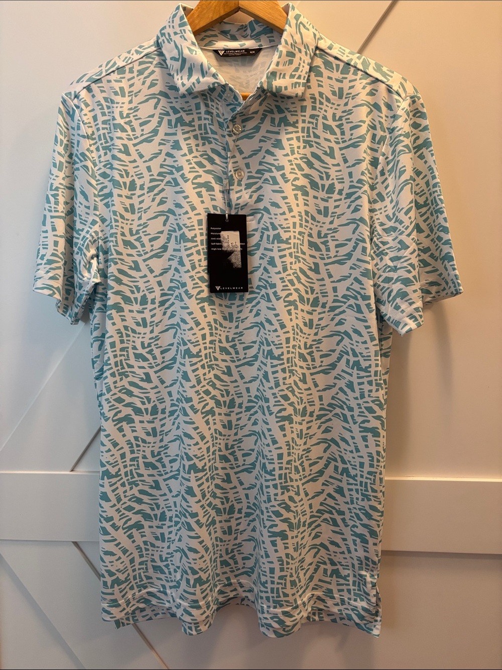 NWT Levelwear Flare Performance Golf Polo Teal White Abstract Print Men's Size M